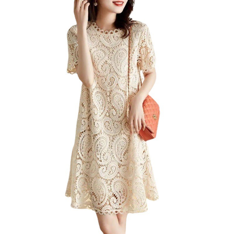 Váy ren nữ, kiểu dáng mới mùa hè, thời trang và thanh lịch, tôn dáng, dài vừa phải, tay ngắn, váy chữ A kiểu Pháp.