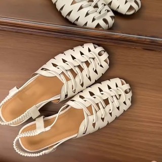 Giày Sandal Dệt Ngón Chân Nữ Rỗng Thấp Gót Lồng Lợn Giày Dây Đeo Bằng Đi Lại Tất Cả Trận Đấu Giày La Mã