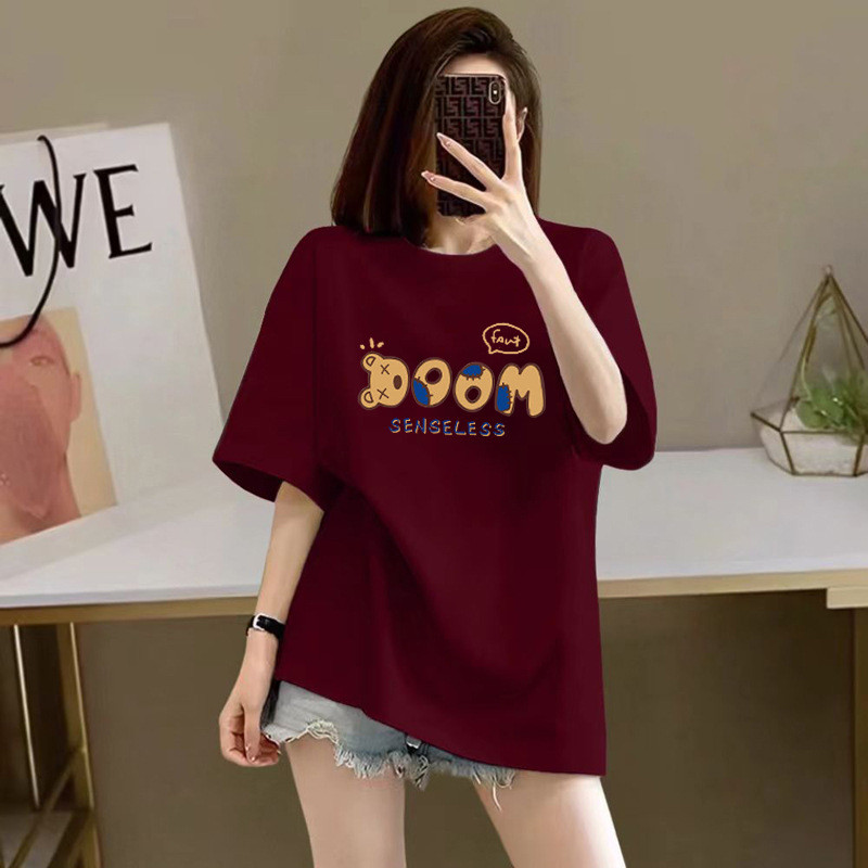 Áo thun nữ cotton nguyên chất cao cấp, phong cách mới mùa hè, áo thun tay ngắn cổ tròn in họa tiết