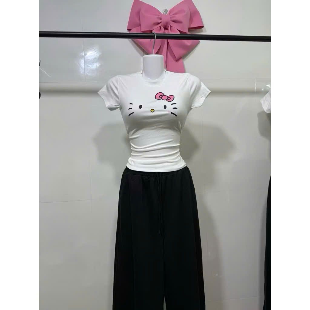 sét Bộ quần dài  cạp chun đen +kết hợp áo thun CROPTOP mèo đơn giản