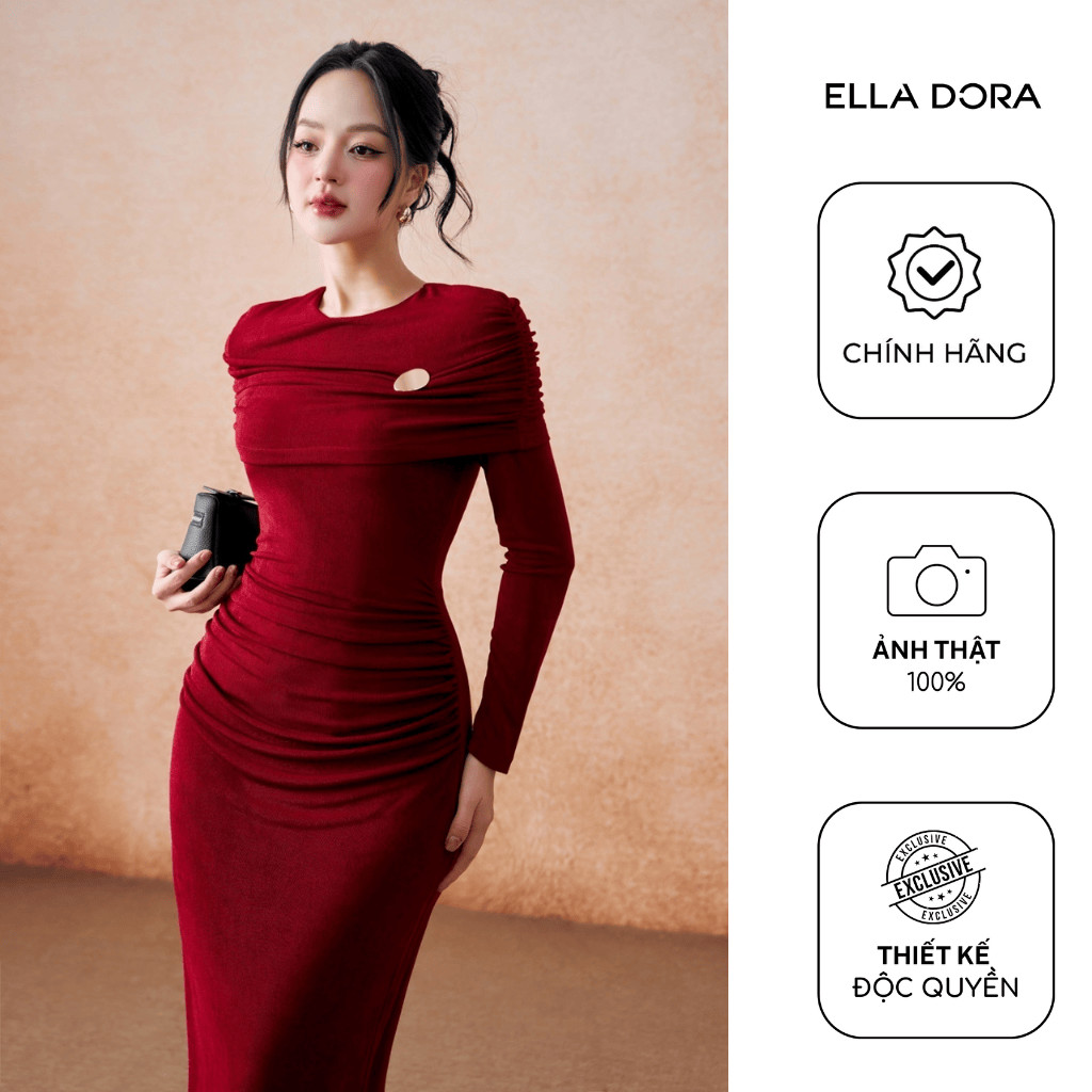Đầm drap vai ELLA DORA đính tag form ôm thiết kế dáng dài thanh lịch phong cách hiện đại  [D269]