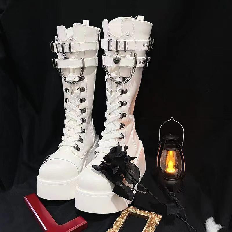 Demonia Giày bốt nữ gót giữa dây da thời trang, đế dày, dây đeo, phong cách punk gothic