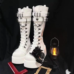 Demonia Giày bốt nữ gót giữa dây da thời trang, đế dày, dây đeo, phong cách punk gothic