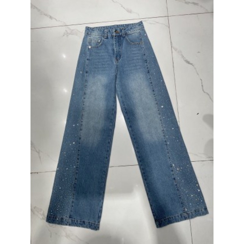 Quần jean Denim ống rộng viền kim cương cao mới dành cho nữ