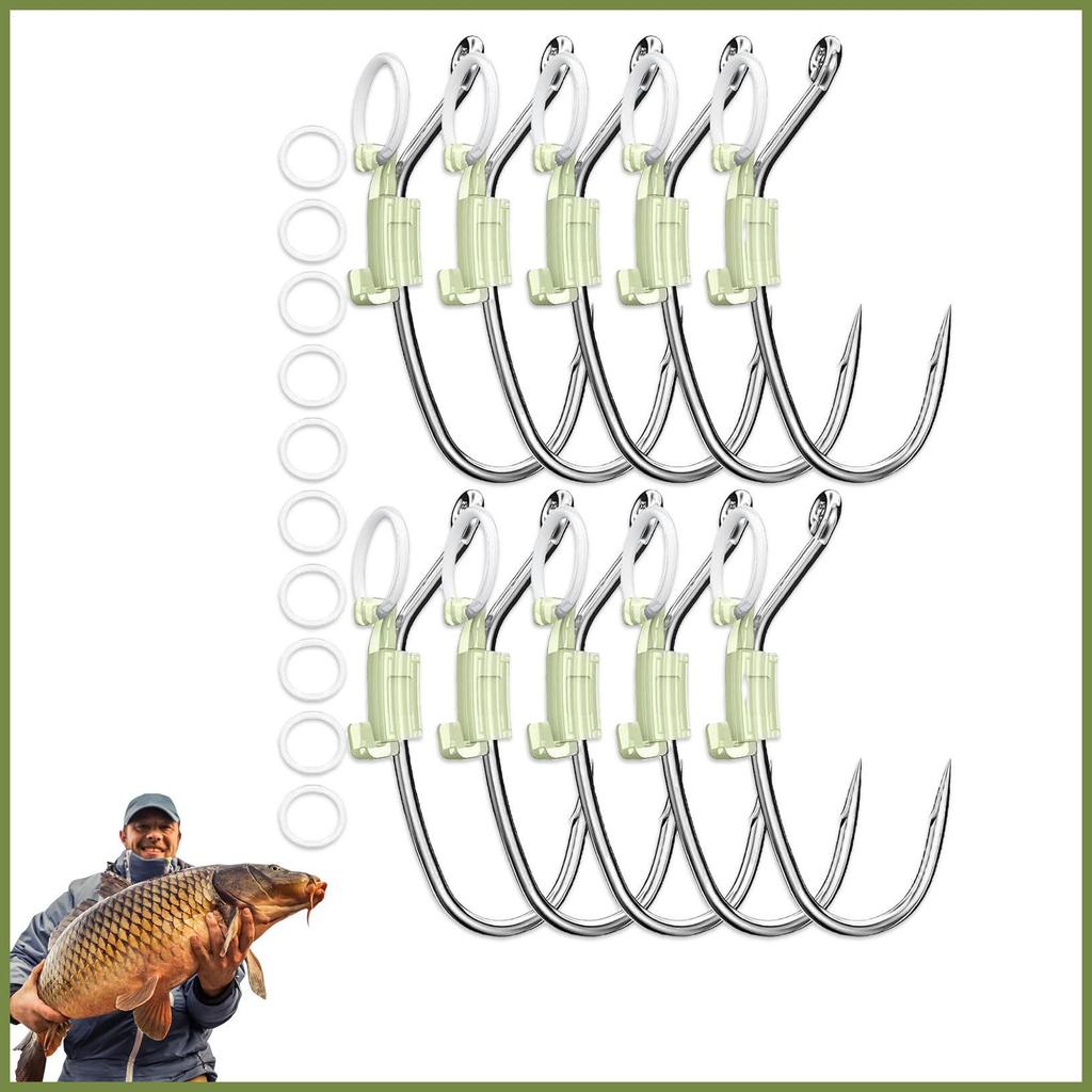 Móc câu tôm dạ quang bộ 10 chiếc, thép carbon, có lỗ đựng muối
