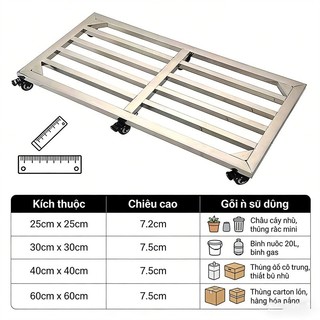 Đế lót chậu cây inox 201 có bánh xe Tải trọng 200kg Dễ dàng vận chuyển vật nặng