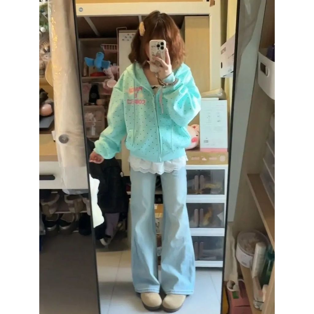 American Sweet áo len cardigan polka dot sao với chữ có mũ trùm đầu, phù hợp mùa xuân và thu