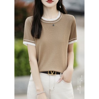 Áo len lụa ngắn tay nữ, cổ tròn mỏng nhẹ - Phong cách Hàn Quốc, phù hợp mùa hè