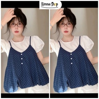 Set Yếm Chấm Bi Dáng Bí Phối Cúc Kèm Áo Tay Bồng Tiểu Thư