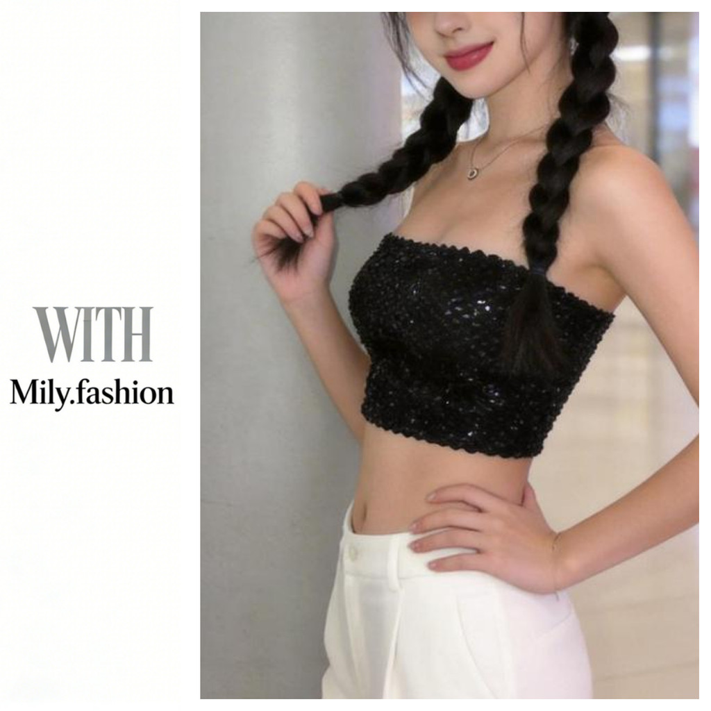 Milyfashion Sequined Tube Top Hot Girl Style Strapless Outer Short Top