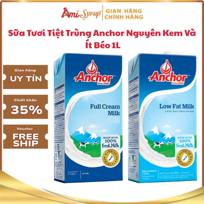 Sữa Tươi Tiệt Trùng Anchor Nguyên Kem Và Ít Béo 1L, Nguyên Liệu Pha Chế Cao Cấp Thơm Ngon Bổ Dưỡng