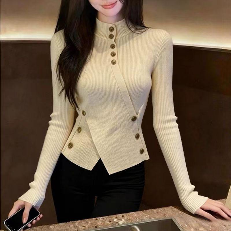 VN Thu Đông Retro Mai Nửa Cổ Cao Cổ Áo Len Dệt Kim Đáy Áo Sơ Mi Nữ Quần Lót Cao Cấp Hẹp Eo Phù Hợp Với Áo Dài Tay