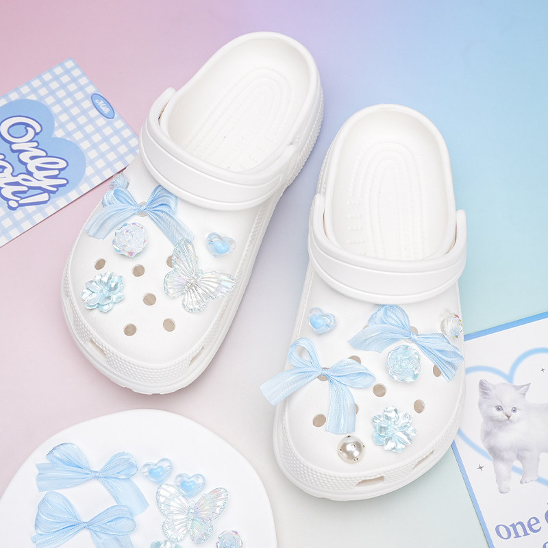 Phụ Kiện Lỗ Nơ Xanh Giày Tình Yêu Hoa Ba Lê Phong Cách Tự Làm, Dùng Cho Crocs, Có Thể Tháo Rời, Zhibixing ins