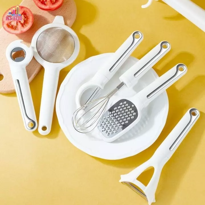 JESJELIU 7 Cái / bộ Bộ Tiện Ích Nhà Bếp, Bộ Dụng Cụ Nấu Ăn Bằng Thép Không Gỉ Gia Đình, Màn Hình Lọc Peeler Tiết Kiệm Không Gian Với Giá Để Đồ Dụng Cụ Mở Chai Cho Gia Đình