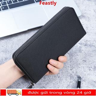 Túi xách doanh nhân FEASTLY, Ví dài nam có dây kéo nhiều khe, Túi đựng tiền xu dung tích lớn bằng vải Canvas