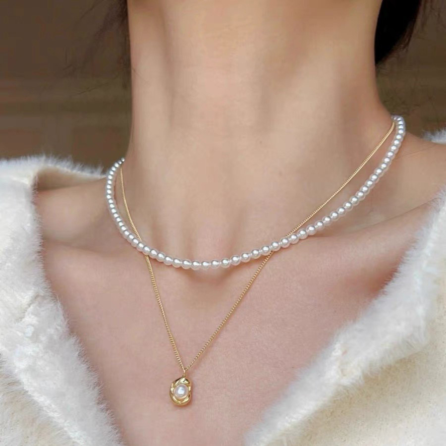 Vòng cổ ngọc trai thủy tinh xếp chồng hai lớp thời trang