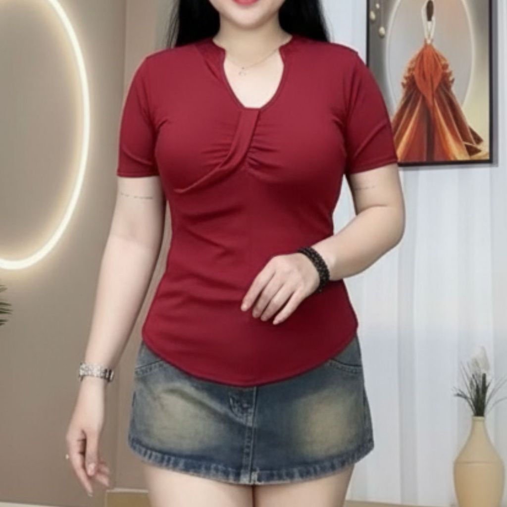 Áo Thun Tay Ngắn V Xoắn Big Size ESHOP Áo Thun Nữ Chất Thun Gân Tăm Mềm Mát Co Giãn MS557