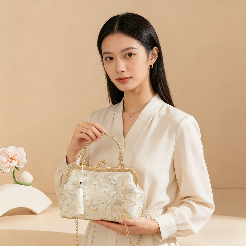 Túi đeo chéo nữ thêu hoa nhẹ nhàng trang trí dây chuyền kim loại phong cách Trung Quốc mới