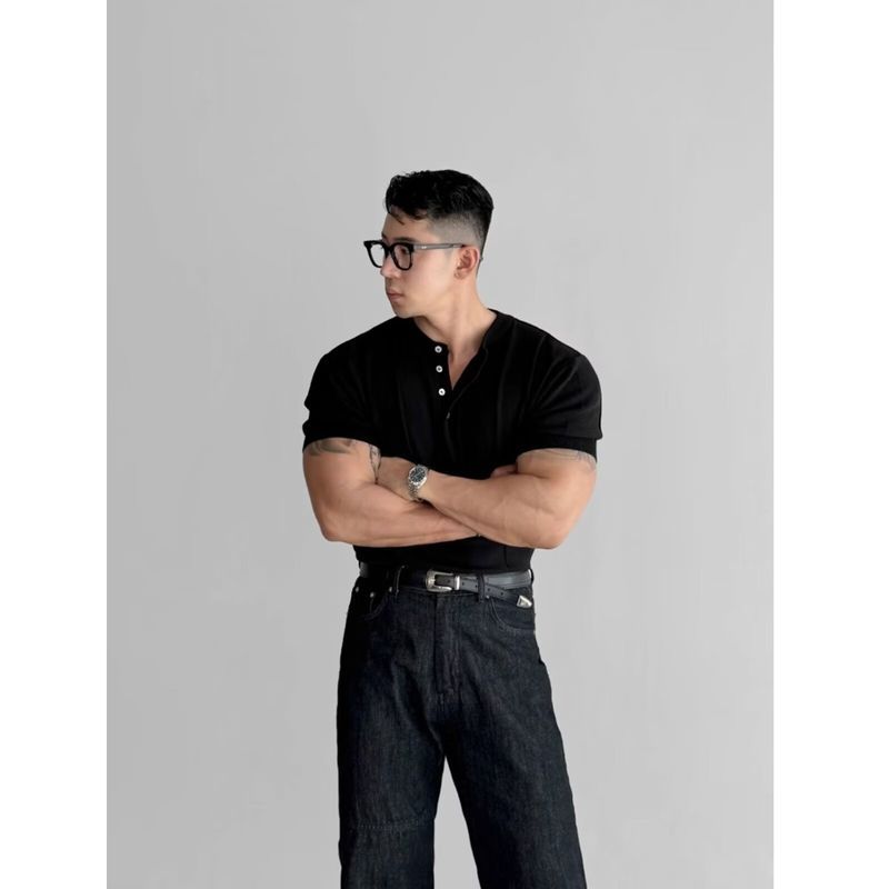 Áo thun ngắn tay dệt kim Henley thời trang dành cho nam mặc thường ngày mùa hè