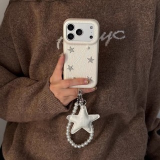 Ngọc Trai Hàn Quốc Luster Trắng Hồng Kim Cương Ngôi Sao Da PU Dây Xích Wrsit Ốp Lưng Điện Thoại iPhone 17Promax 17Pro 14 15 16 Pro Max 13 Vỏ Di Động Nữ