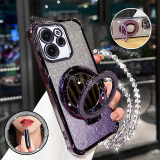 Ốp lưng OPPO Reno 15F 5G Vỏ lấp lánh Gradient mới có gương trang điểm Giá đỡ từ tính OPPO Reno15F Reno15 F Bảo vệ ống kính có giá đỡ dây buộc Vỏ điện thoại chống sốc
