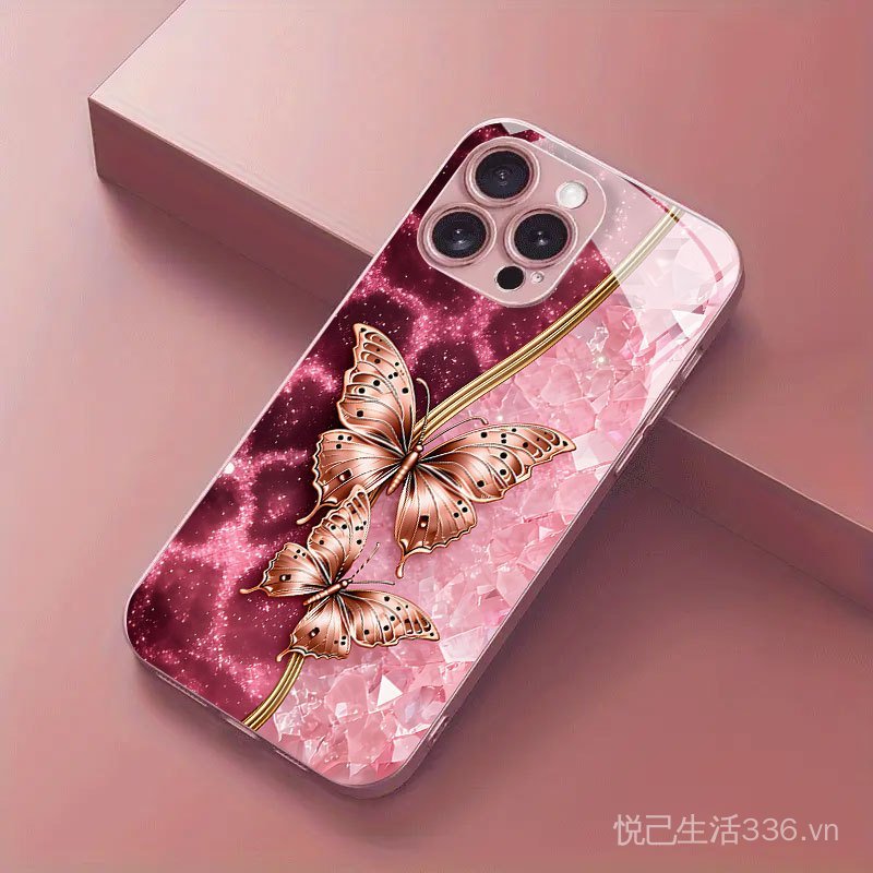 Bướm màu hồng mạ vàng Thích hợp cho vỏ điện thoại 17pro iPhone16PLUS / 14promax Vỏ kính Xs