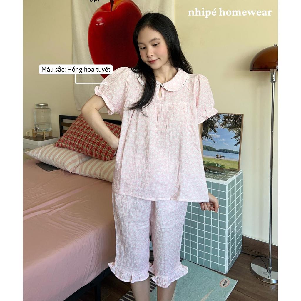 Bộ đồ xô tay bồng quần lửng cổ sen Nhipé homewear nữ set đồ ngủ mặc nhà chất liệu cao cấp mềm mịn thoáng mát