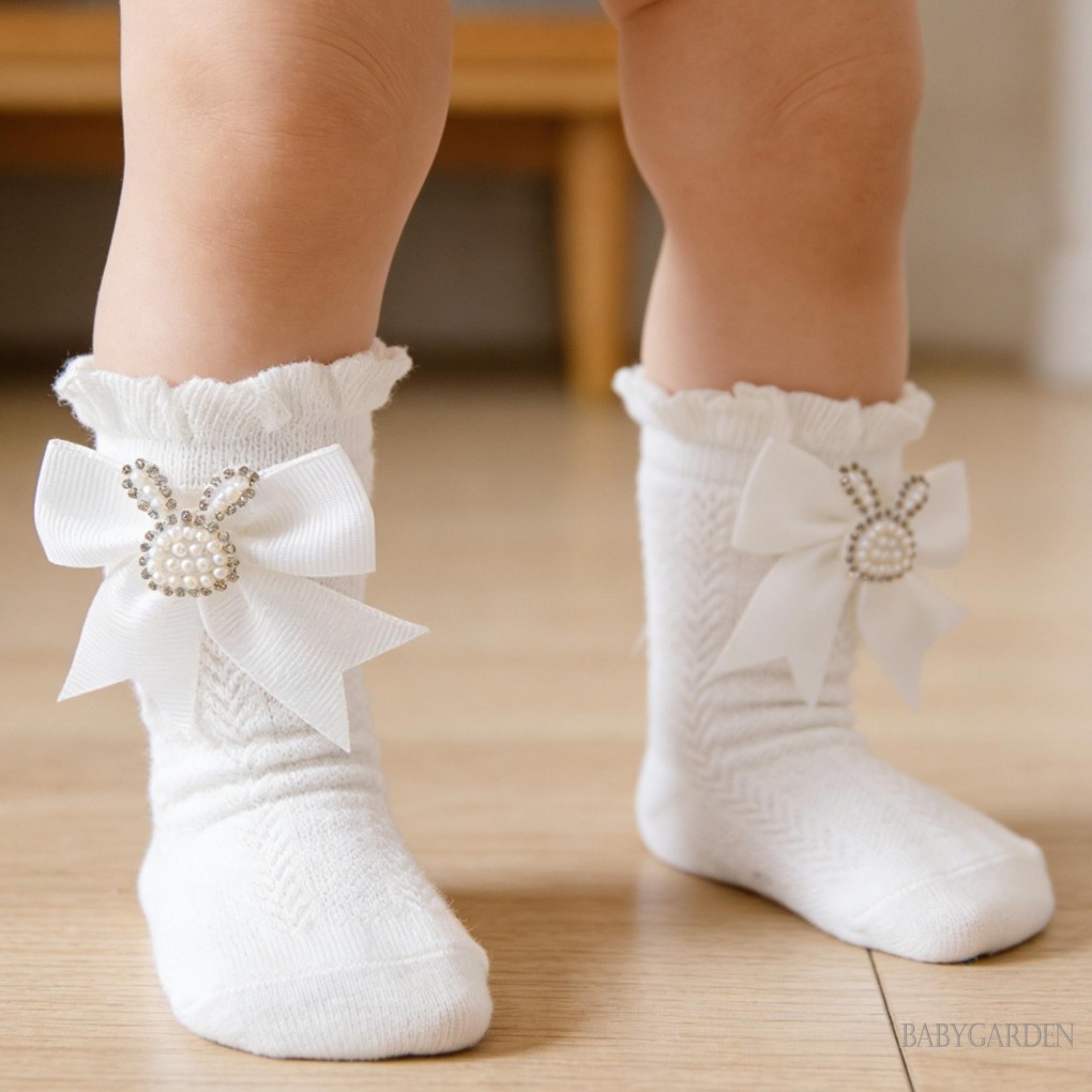 Tất Bé Gái Có Nơ Ngọc Trai Mềm Bunny Công Chúa Trẻ Sơ Sinh Vớ Ruffle