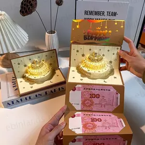 Thiệp chúc mừng sinh nhật phong bì màu đỏ EBINLANDS, Thiệp chúc mừng ánh sáng âm nhạc vàng có thể gập lại, 6 khe cắm thẻ màu đỏ sáng tạo Phong bì màu đỏ tiền năm