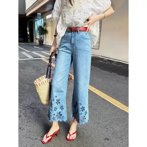 <![Giảm giá 50%] Quần Jean Nữ Mùa Hè Mỏng, Thoải Mái, Ống Rộng Eo Cao Với Họa Tiết Hoa>