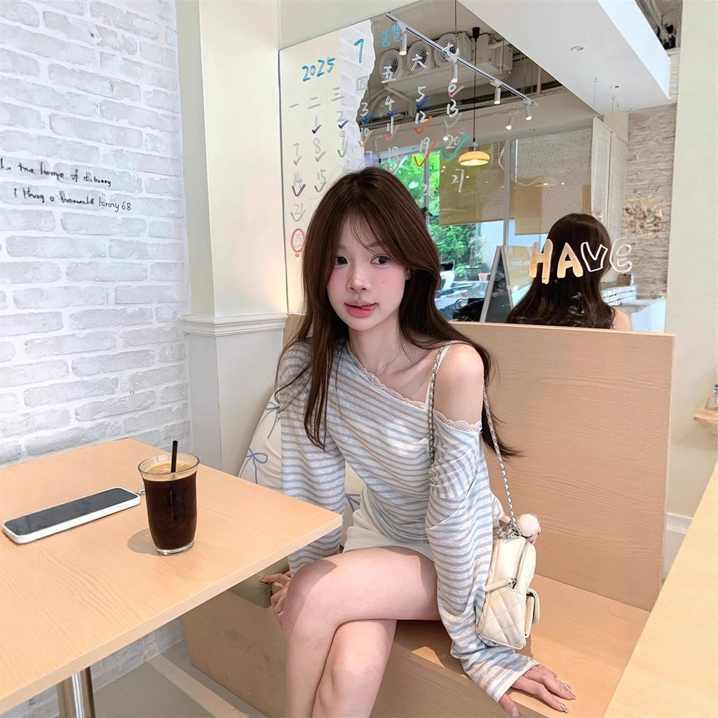 Sơ mi sọc vai áo thun nữ thu đông, phong cách Hàn Quốc, ômbody thời thượng