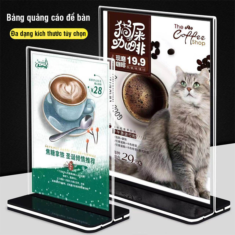 Bảng menu quán cà phê mica loại dày – Để bàn hiển thị menu, bảng giá, mã QR thanh toán bền đẹp