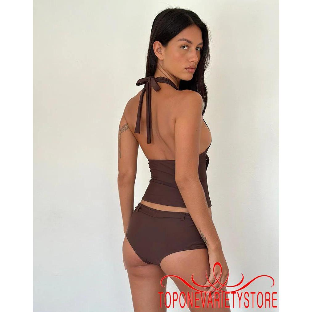 Topone - Bộ đồ bơi Tankini mùa hè dành cho nữ: Áo dây màu trơn thời trang và quần short
