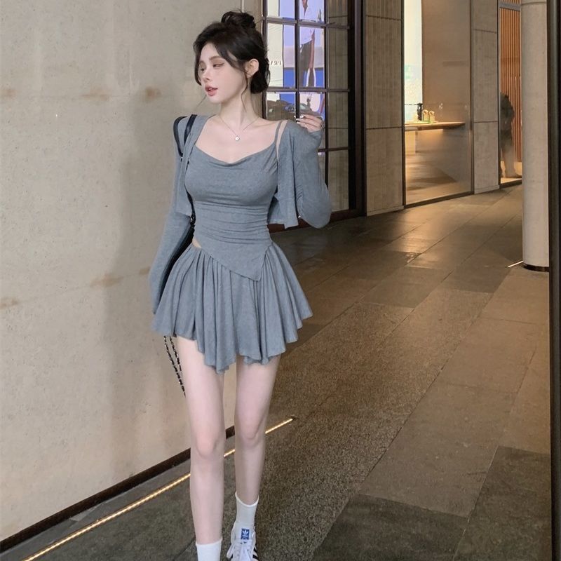 Phong Cách Hàn Quốc Thu Đông Phong Cách Mới Sang Trọng Phù Hợp Với Nữ Chống Nắng Cardigan Áo Liền Quần Váy Xếp Ly Ba Mảnh Phù Hợp Với