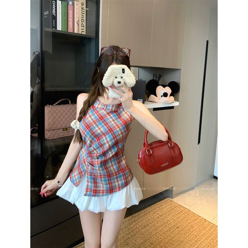 Milyfashion Ba Lê Phong Cách Mới Kẻ Sọc Đỏ Không Đều Dây Sling 2026 Phong Cách Mới Thắt Nút Dây Không Tay Top Y2K CIEM