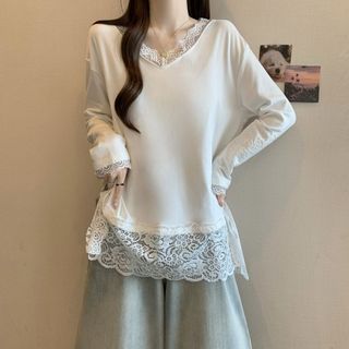 Size Lớn Đức Nhung Ren Khâu Cổ Chữ V Dài Tay Top Nữ Thu Đông 2025 Rời Thời Trang Đáy Áo Sơ Mi Nữ C