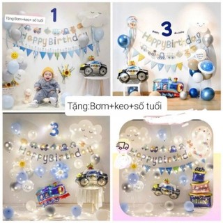 (MIỄN SHIP) Sét trang trí sinh nhật ô tô tone xanh mới cho bé trai kèm trụ bóng 7 nhánh tặng bơm ,keo dán.số tuổi DF31