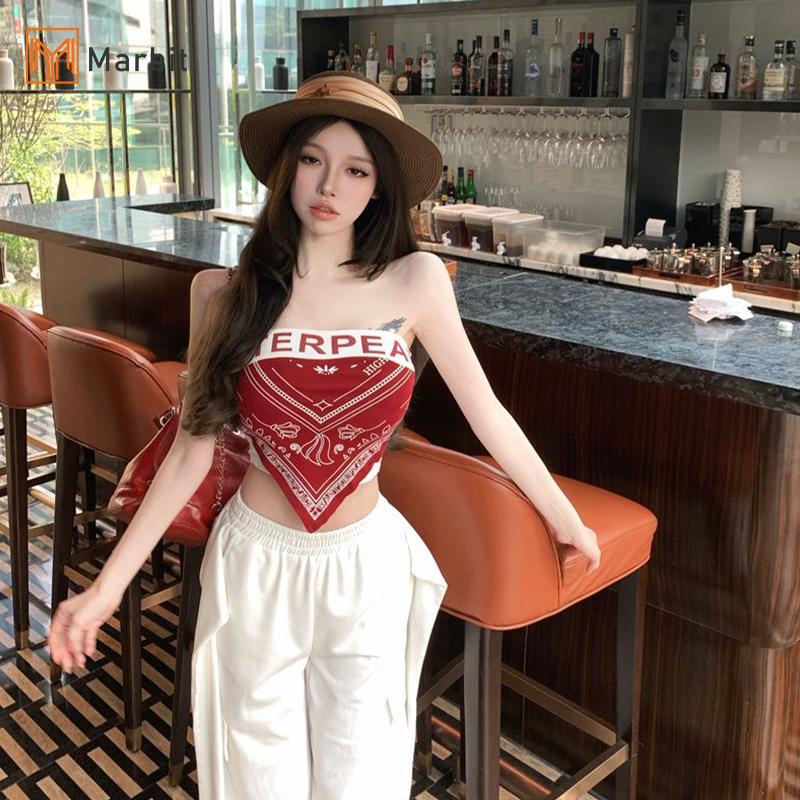 [Mar-T] Áo thun in chữ gợi cảm kiểu Mỹ sang trọng dành cho nữ Y2K Áo hai dây mỏng quây không đều
