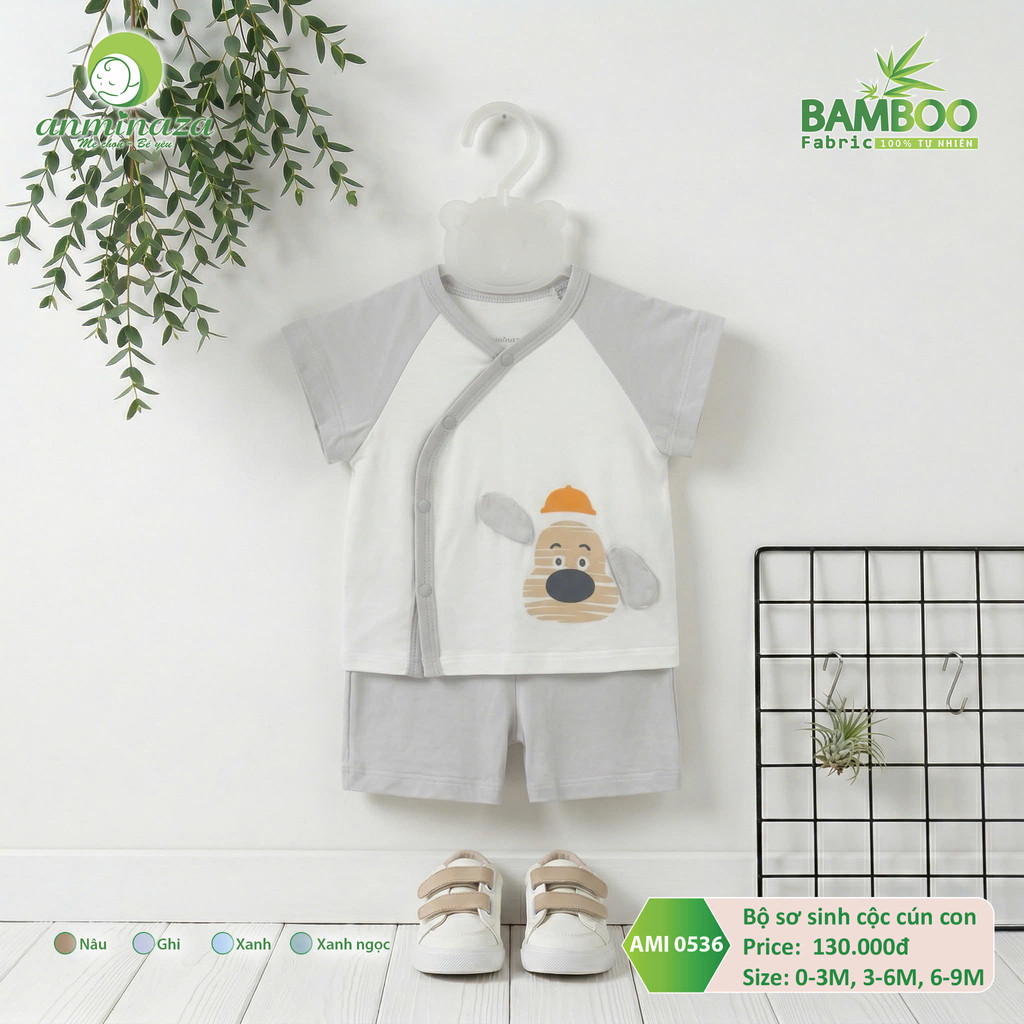 Bộ Sơ Sinh Cộc Cún Con Anminaza Chất Vải Sợi Tre An Toàn Thấm Hút - Hàng Chính Hãng AMI0536
