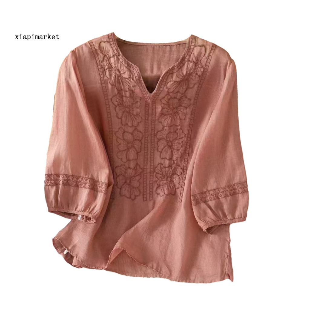 XIA | Áo sơ mi nữ bohemian họa tiết retro cổ chữ V, tay 3/4, vải mềm mại thoáng khí, phù hợp cho kỳ nghỉ