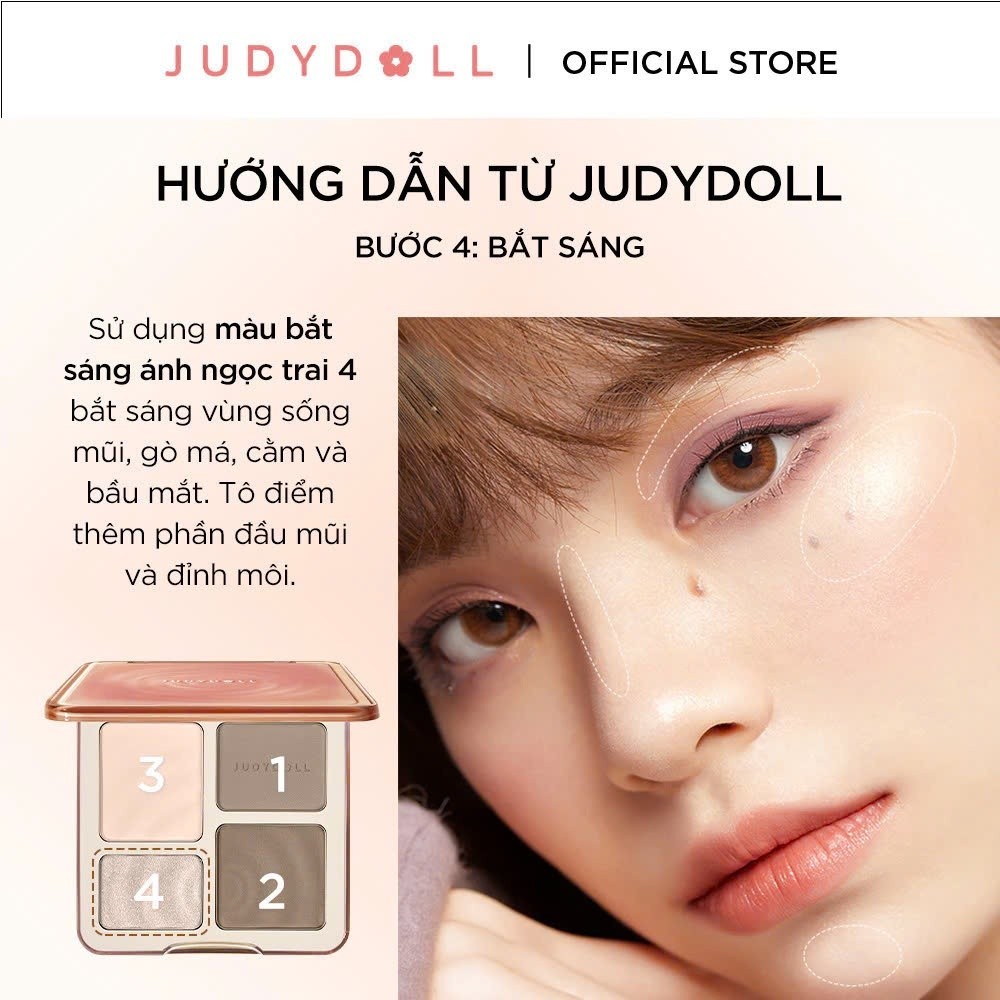 JUDYDOLL Highlight & Contour Palette 4 Ô – Tạo Khối, Bắt Sáng Tự Nhiên, Lâu Trôi, Chính Hãng.