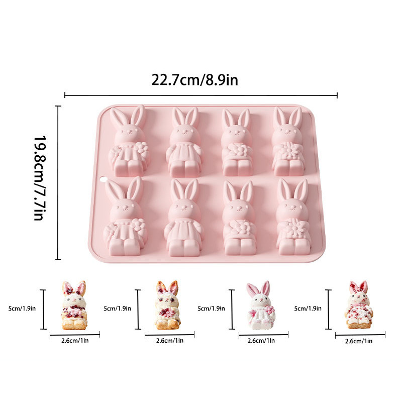 Khuôn silicon hình chú thỏ Phục sinh 8 khoang cho bánh mousse Pháp, bánh pudding, thạch, sô cô la, làm bánh DIY, thạch cao hương liệu và xà phòng thủ công
