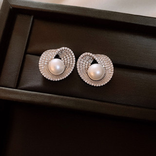 Bông tai ngọc trai tròn màu bạc với đá zircon, phong cách châu Âu và Hàn Quốc