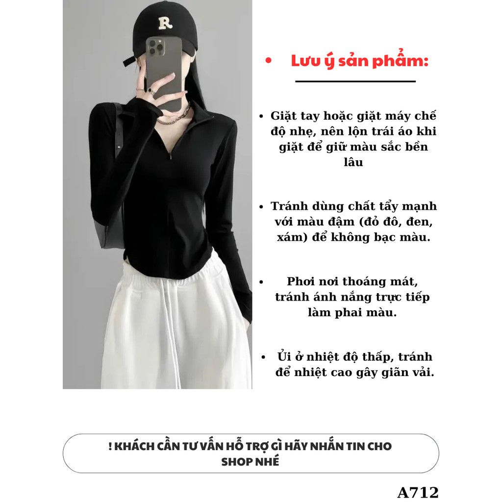 [Mở Bán] Áo Thun Nữ Tay Dài Ôm Body Cổ Bẻ Phối Khoá Kéo Dáng Vạt Bầu Cotton_A71244