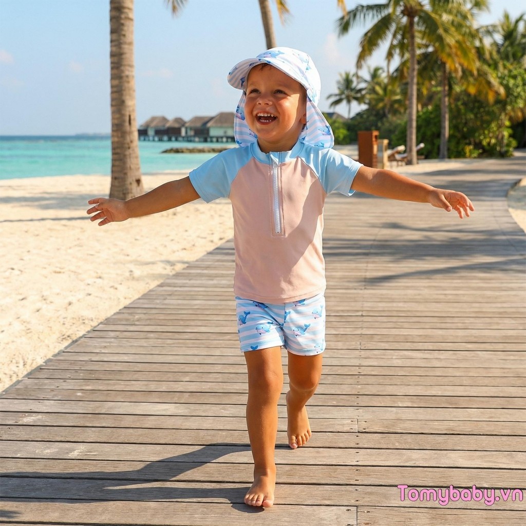 Bộ 3 Đồ Bơi Tập Đi Áo Tay Ngắn + Quần Short Sọc In Hình Cá Voi + Mũ Rash Guard Bộ Đồ Tắm