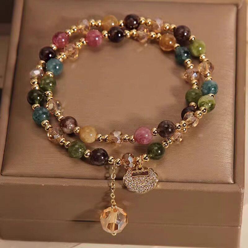 Mới Đôi Vòng Nhiều Màu Sắc Tourmaline Vòng Tay Nữ Ins Sang Trọng Tối Giản Tuổi Thọ Khóa Đính Hạt Vòng Tay Trang Sức
