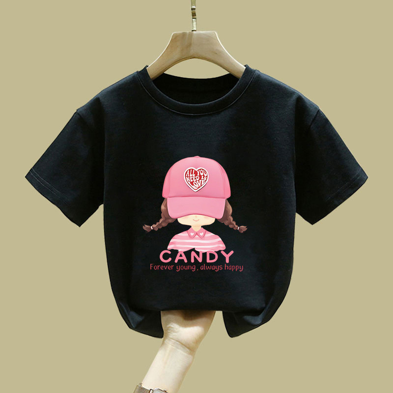 CANDY Mũ Bóng Chày Bé Gái Đồ Họa Áo Hoạt Hình Dễ Thương Cô Gái In Hình Thường Ngày Tay Ngắn Hàng Đầu Hợp Thời Trang Kawaii Thời Trang Để Mặc Hàng Ngày
