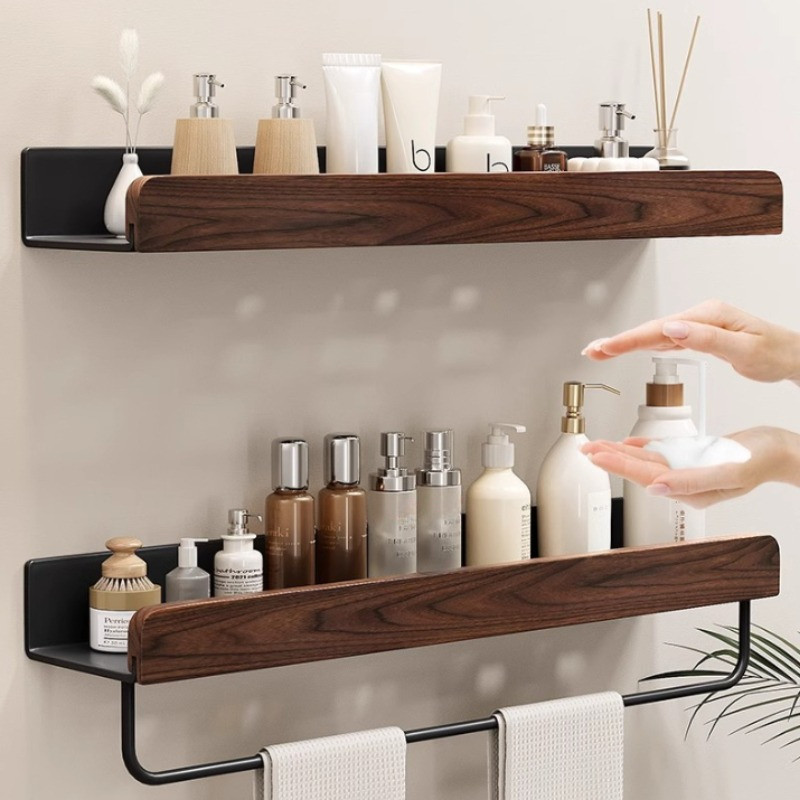 Kệ để đồ nhà tắm gỗ óc chó, giá đựng mỹ phẩm treo tường chống gỉ sét, chịu lực siêu bền