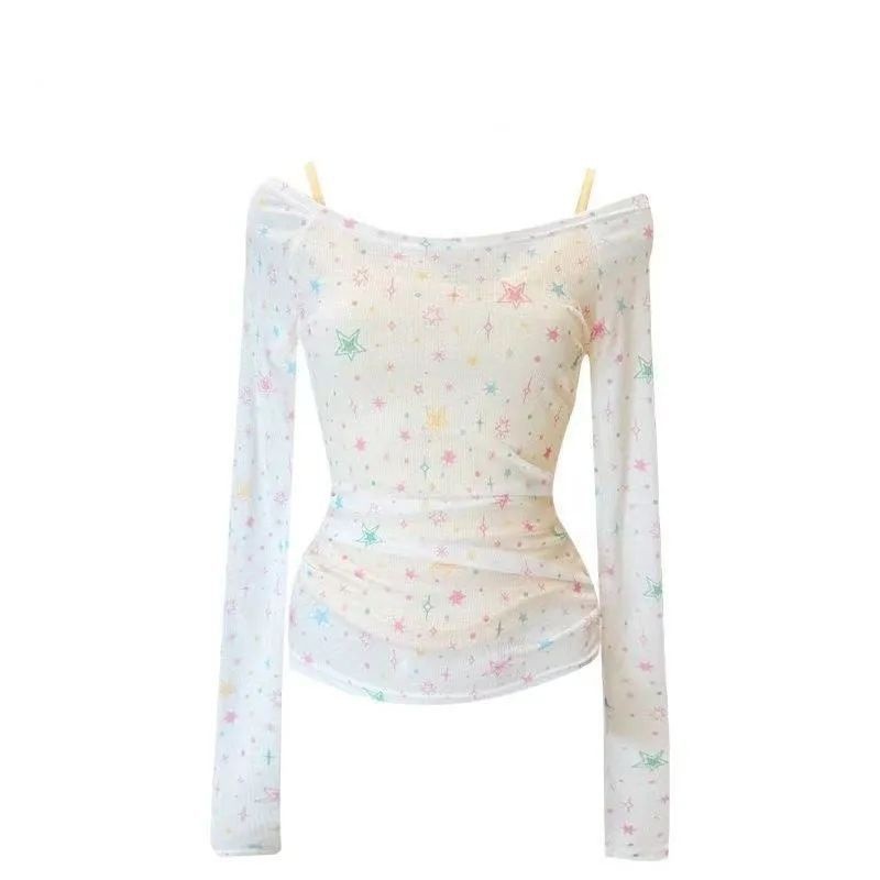 Mỹ ngọt ngào camisole tay dài hình ngôi sao, thiết kế mỏng ôm body, trendy mùa hè QQEY