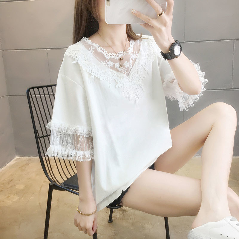 Áo thun ren tay ngắn cỡ lớn dành cho nữ, mặc mùa hè, dáng rộng, trẻ trung và phong cách, có thiết kế phối vải.